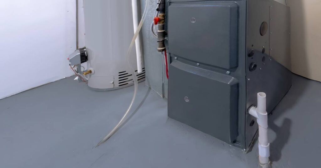 A residential-sized, dark gray furnace with PVC pipe connected to it sits on a light gray floor beside a water heater tank.