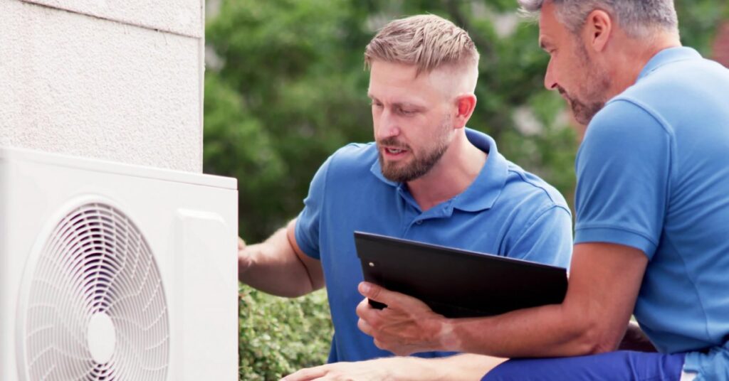 Two men in blue polos kneel beside an outdoor air conditioning unit that’s against a white, concrete home.