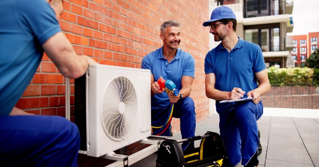 Three men in jeans and blue shirt kneel by an outdoor HVAC system; there’s a black and yellow toolbox on the ground near them.