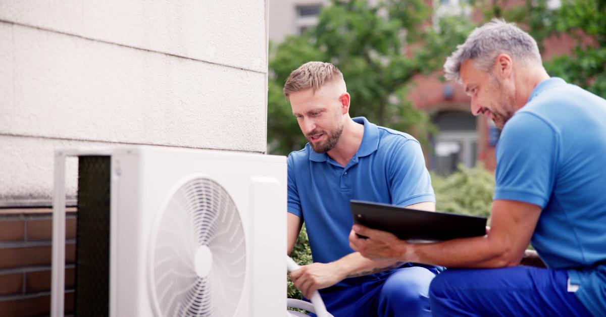 Two men in blue shirts work on an outdoor air conditioning unit, with one holding a tablet and observing the installation.